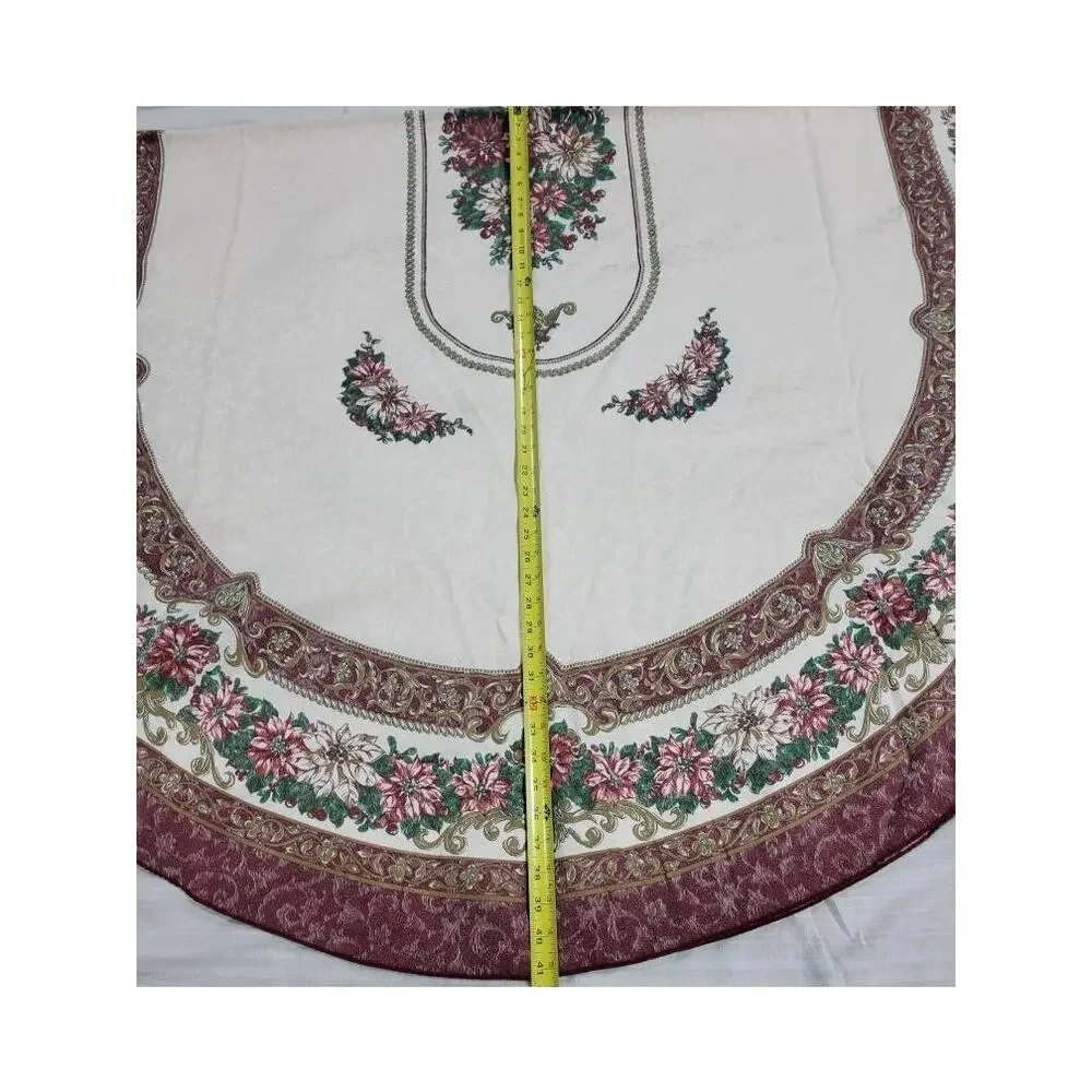 VTG Christmas Tablecloth 58x41 Oval Rectangle Burgundy Poinsettias Green Gold